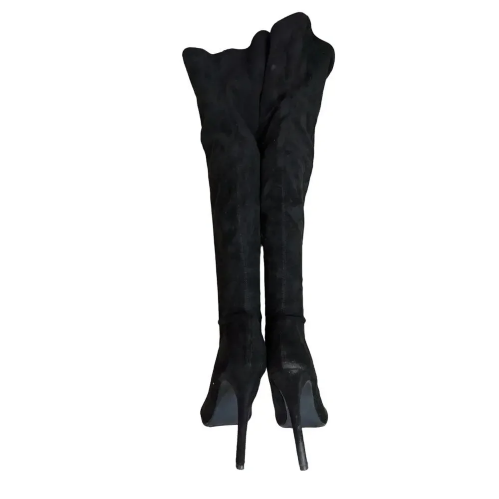 NWOT-1 SHOW! HOT TOMATO! BLACK VEGAN SUEDE  PEEP TOE OVER THE KNEE BOOTS!SZ 7.5M
